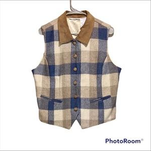 VTG Western Blue and Brown Plaid Wool Vest with Leather Collar and Buttons